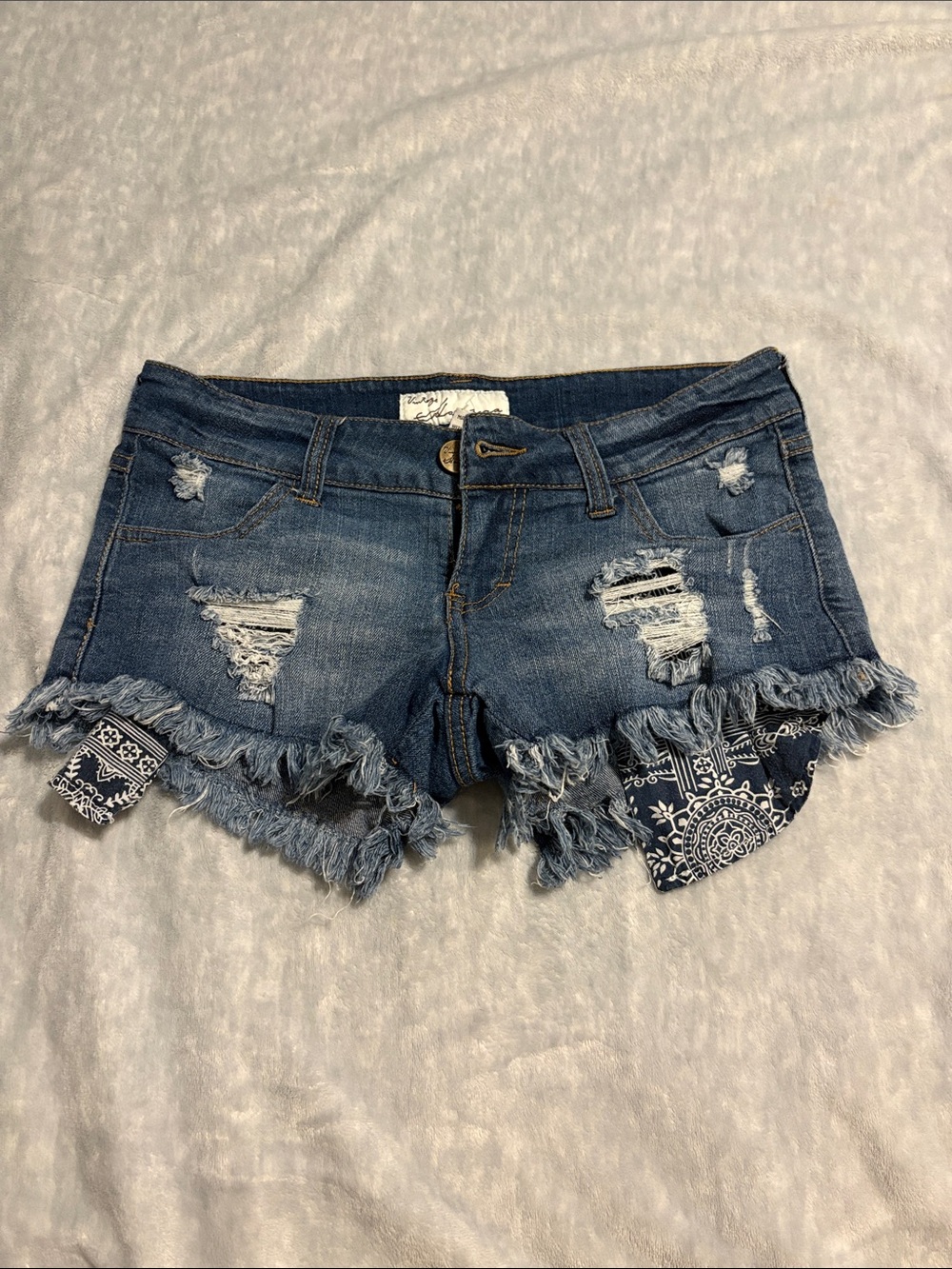 Vintage Havana Low Rise Distressed Denim Shorts with Bandana Lining - Blue